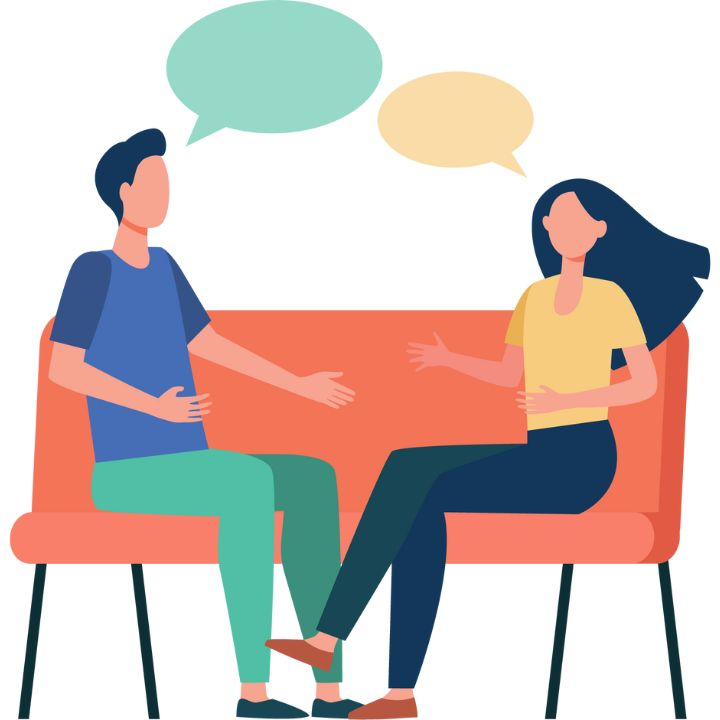 Graphic of a man and a woman having a conversation